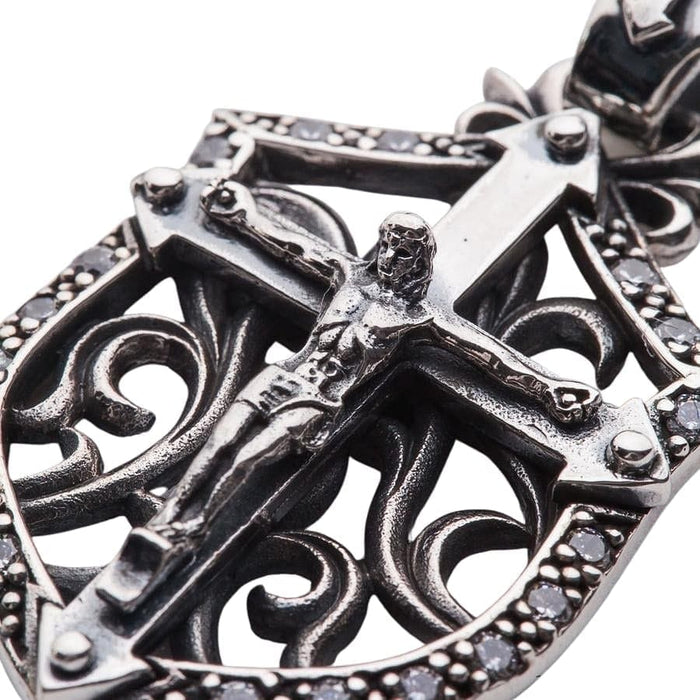 Close-up detail of Jesus figure on the Gothic silver shield pendant