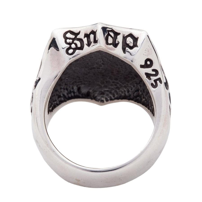 The back of the gothic fleur de lis ring showing the .925 hallmark engraving.