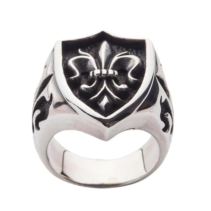A studio shot of the men's medieval fleur de lis ring on a white background.