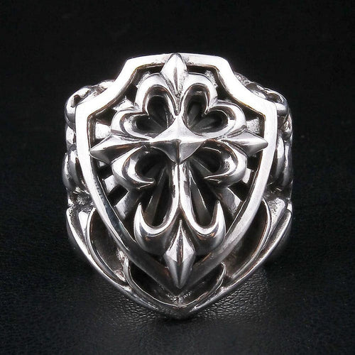 Front view of ornate gothic cross sterling silver shield ring showing 3D relief details
