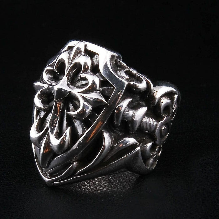 Side profile of 40-gram gothic shield cross ring showing ornate band details