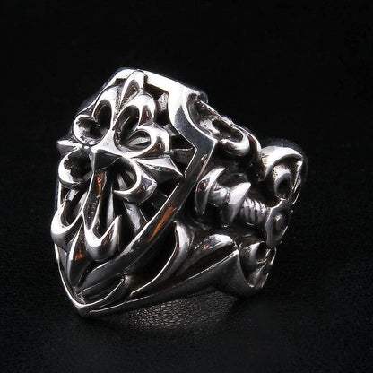 Side profile of 40-gram gothic shield cross ring showing ornate band details