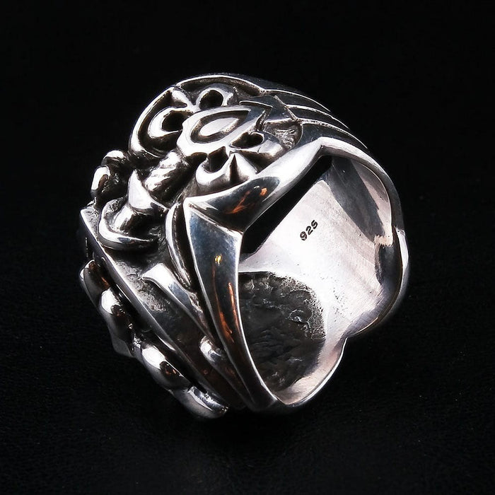 Back view of shield cross ring displaying 925 sterling silver hallmark stamp