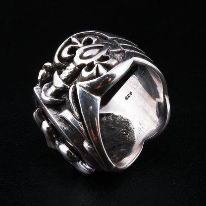 Back view of shield cross ring displaying 925 sterling silver hallmark stamp
