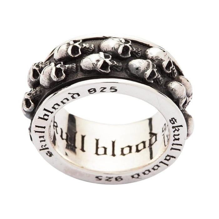 A detailed view of the inside of the skull spinner ring, showing the 'skull blood 925' gothic engraving.