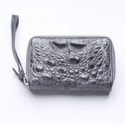 Gray genuine crocodile leather wallet front view showing hornback scale texture