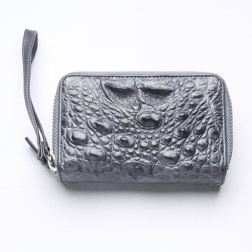 Gray genuine crocodile leather wallet front view showing hornback scale texture