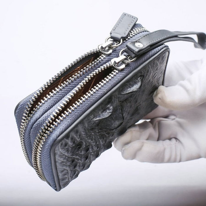 Close-up of zipper compartment on genuine crocodile leather wallet