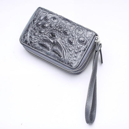 Handcrafted gray crocodile wallet displaying natural hornback pattern