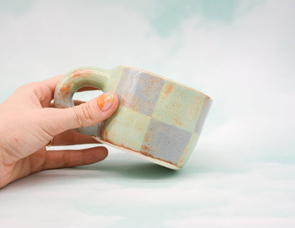 Green and Blue Shino Checkerboard Mug