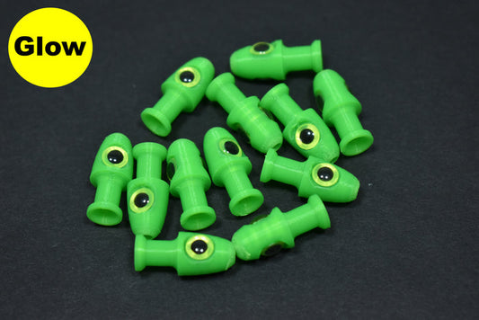 Green Apple Glow Green Tapered Tail Fly Heads W/Chartreuse Eyes - Large Knot Hole - 12Pak