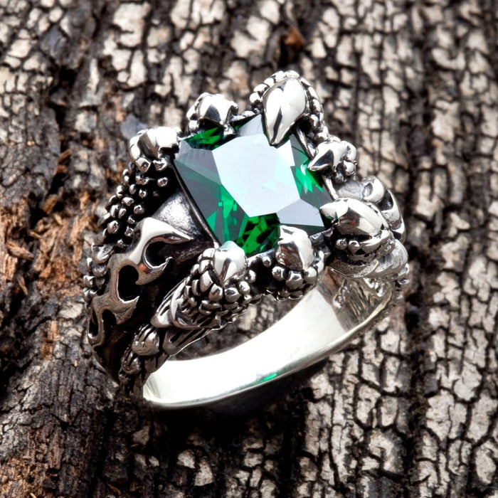 Handcrafted silver gothic ring with green stone