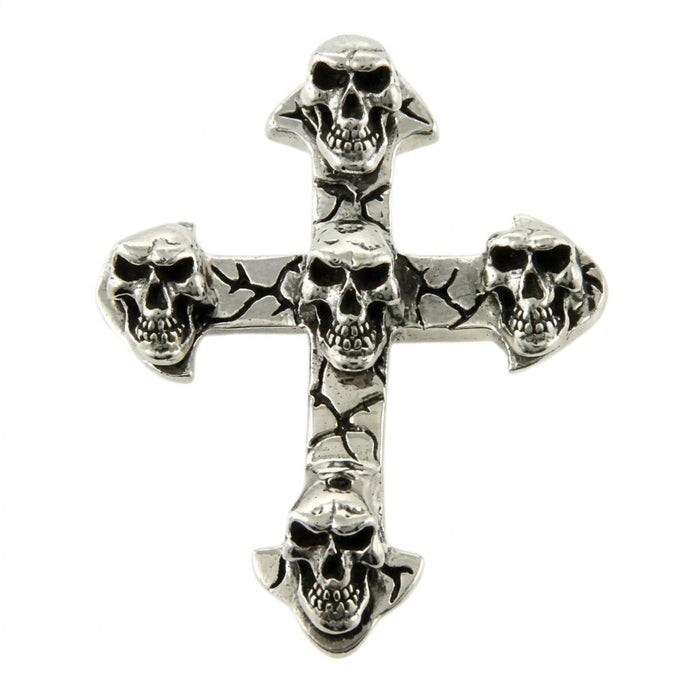 Front view of a sterling silver cross pendant featuring five grim-reaper styled skulls stacked against a cracked texture background.
