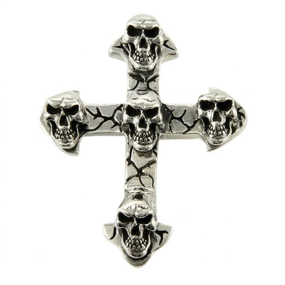 Front view of a sterling silver cross pendant featuring five grim-reaper styled skulls stacked against a cracked texture background.