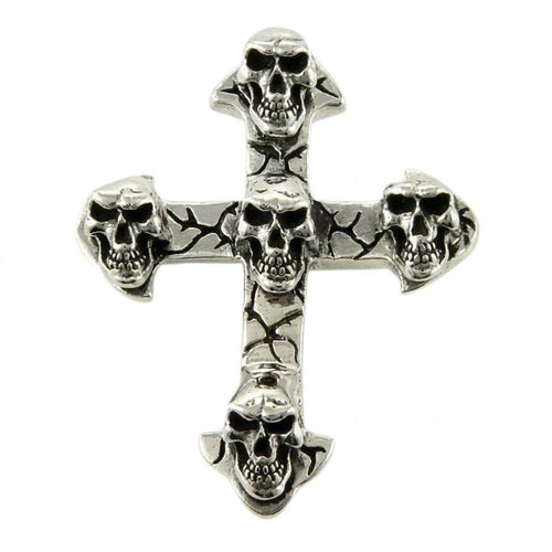 Front view of a sterling silver cross pendant featuring five grim-reaper styled skulls stacked against a cracked texture background.
