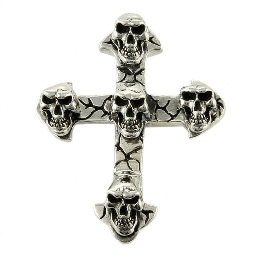 Front view of a sterling silver cross pendant featuring five grim-reaper styled skulls stacked against a cracked texture background.