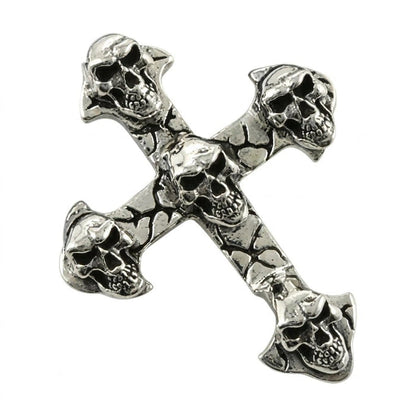 Diagonal view of the .925 silver pendant showcasing five devil-horned skulls set against a dark cracked texture.