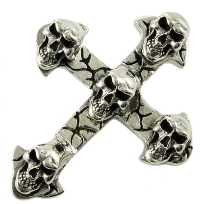 Heavy .925 silver cross tilted into an X-shape, detailing the central skull and dark oxidized lines along the arms.