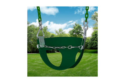 Green toddler half-bucket swing seat with front safety chain and plastisol-coated hanging chains outdoors