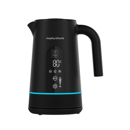 Black Morphy Richards Alexa kettle with digital display on a white background