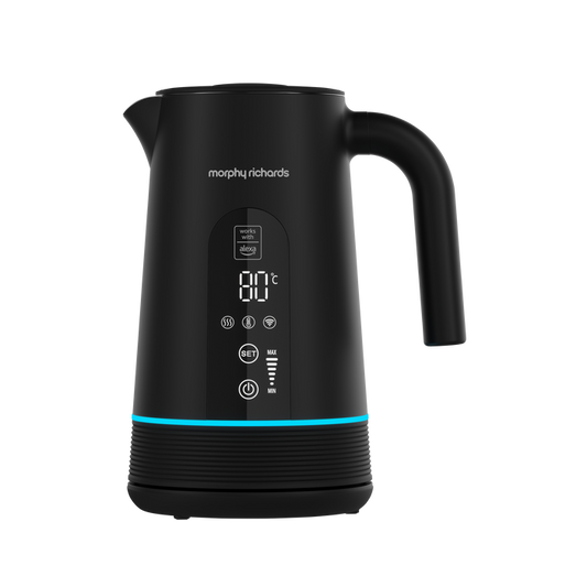 Black Morphy Richards Alexa kettle with digital display on a white background