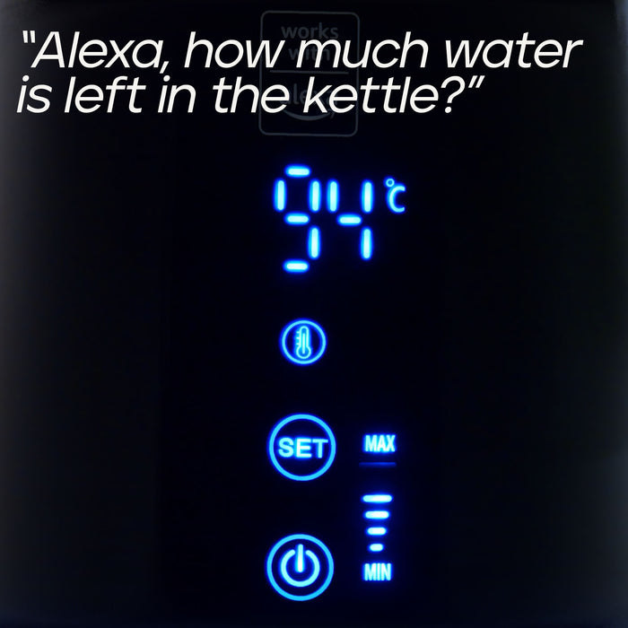 Close-up of a black electric kettle control panel with glowing blue LED displays and buttons, overlaid with the text: 'Alexa, how much water is left in the kettle?'.