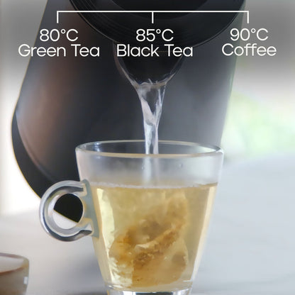 A clear glass mug with a handle sits under a dark kettle as hot water is poured into it. White text at the top labels the tea and coffee temperatures: 80°C Green Tea, 85°C Black Tea, and 90°C Coffee.