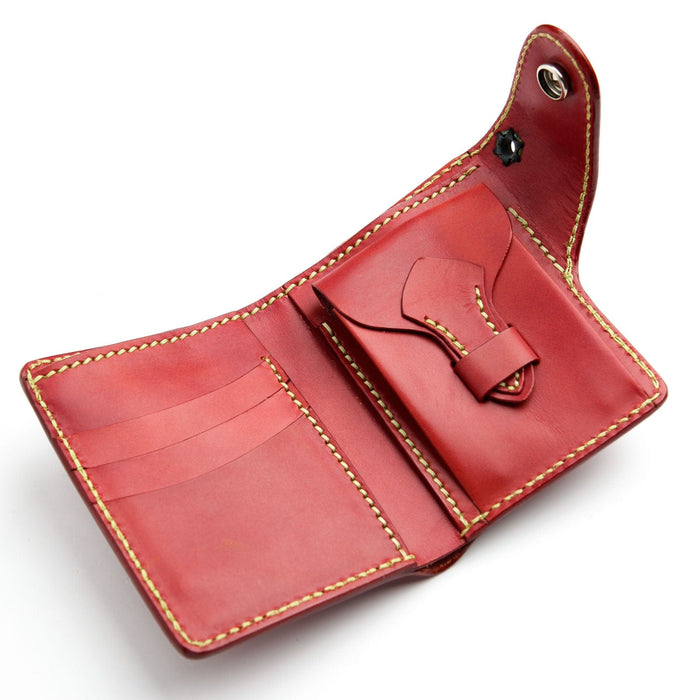 The inside of the open red leather biker wallet, displaying the card slots, bill compartment, and coin pocket.