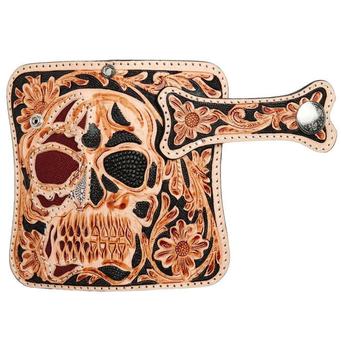 Red stingray inlay on a custom, two-tone leather biker wallet.