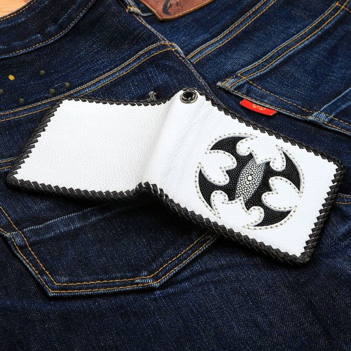 White leather & scorpion inlay biker wallet with sterling silver chain grommet