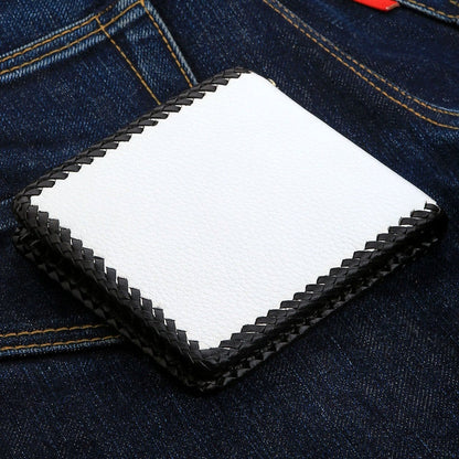 The back of the white cowhide wallet, showing its clean look and black braided edge.