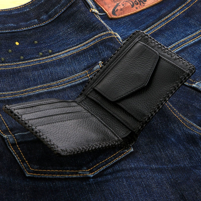 The open interior of the men's black leather biker wallet, showing the card slots and secure snap pocket.
