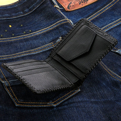 The open interior of the men's black leather biker wallet, showing the card slots and secure snap pocket.