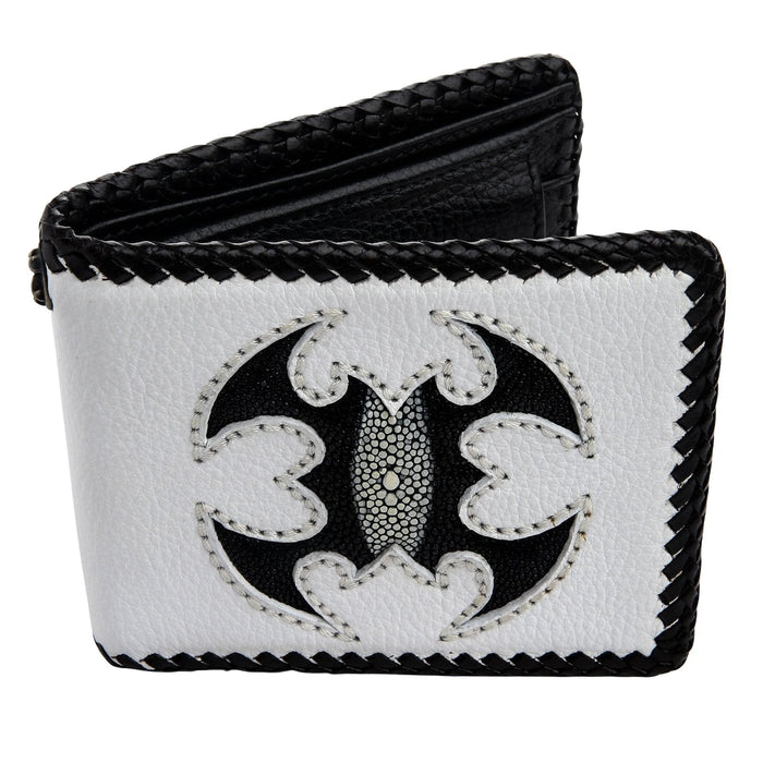An front view of the gothic wallet, highlighting the unique pearl-like texture of the black stingray scorpion.