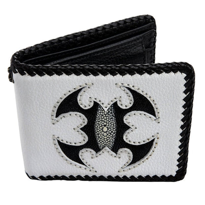 An front view of the gothic wallet, highlighting the unique pearl-like texture of the black stingray scorpion.