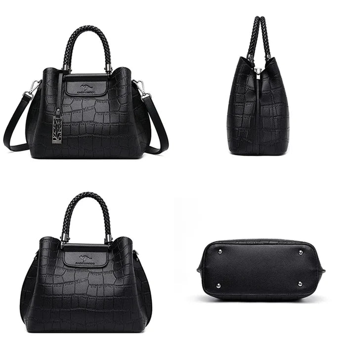 Black handwoven microfiber leather tote large capacity 3-compartment business bag FTF Market UK
