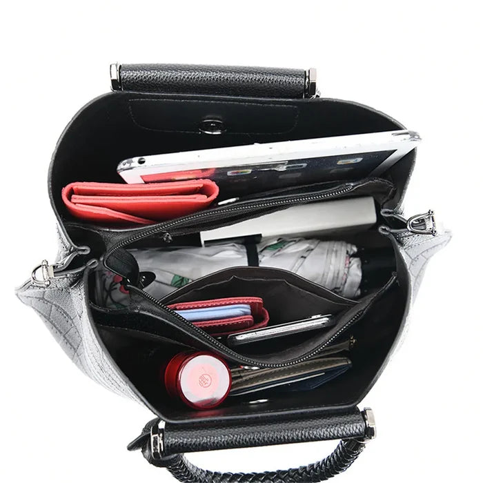 Black handwoven microfiber leather tote large capacity 3-compartment business bag FTF Market UK