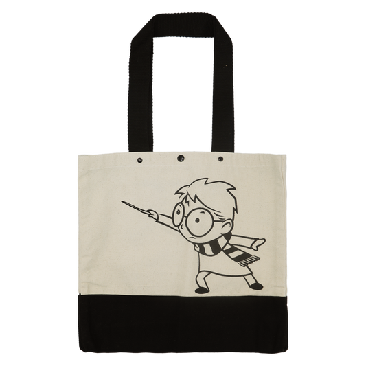 Tote bag with a black and white illustration of Harry Potter on a beige background