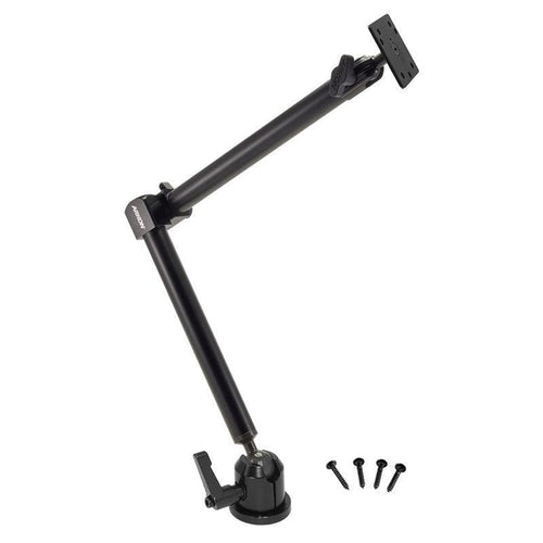 The Heavy-Duty Drill-Base Mount with 22 inch Arm features tilting joints, a 4-hole AMPS compatible design, and separate mounting screws placed below the arm for flexible desk or wall installation.