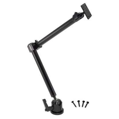 The Heavy-Duty Drill-Base Mount with 22 inch Arm features pivot joints for flexible positioning and a 4-Hole AMPS compatible plate. Includes four black installation screws positioned beside the black arm.
