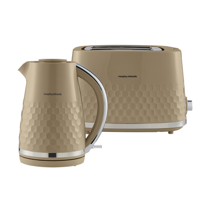 beige kettle and toaster set on white background