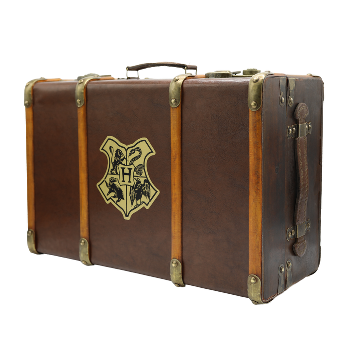 Brown Hogwarts Replica Trunk with a gold crest on a white background