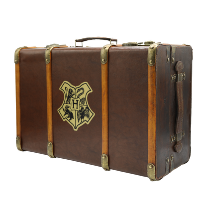Brown Hogwarts Replica Trunk with a gold crest on a white background