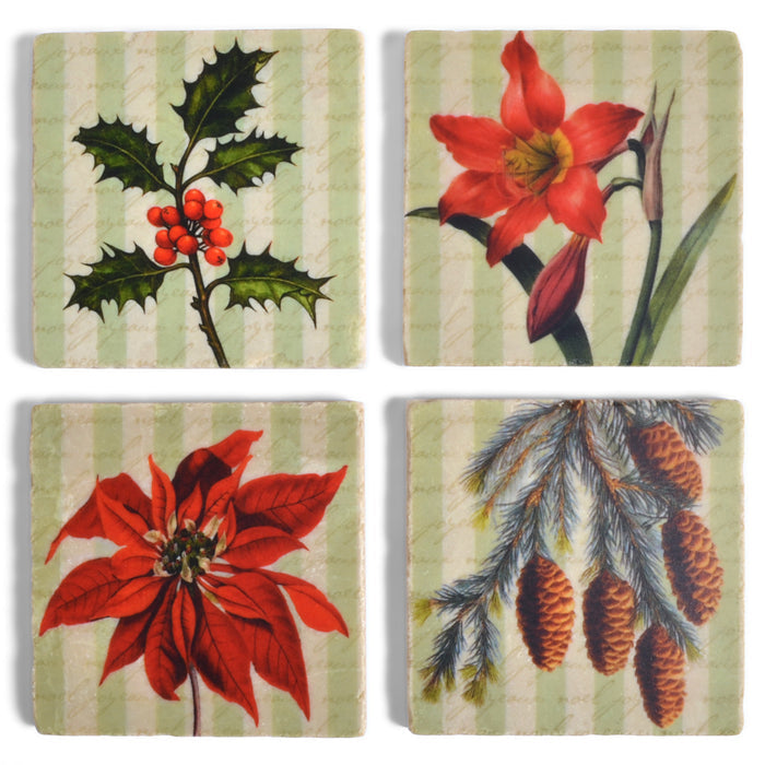 Holiday Botanicals Tumbled Marble Coasters, Set of 4