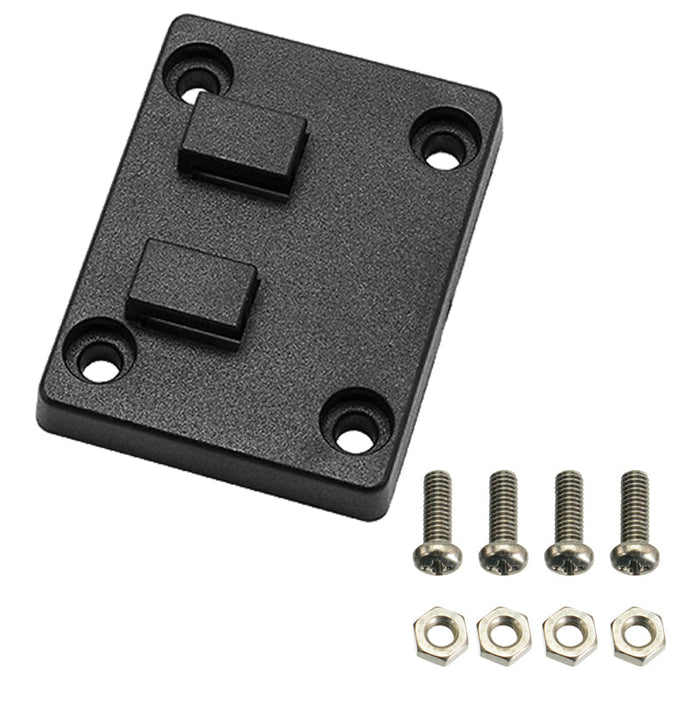 The Horizontal Dual T-Tab to 4-Hole Narrow AMPS Adapter is a rectangular black plastic plate with two raised tabs and four screw holes, shown beside four metal screws and matching hex nuts.