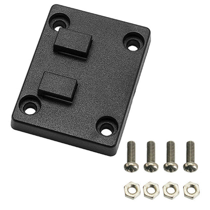 The Horizontal Dual T-Tab to 4-Hole Narrow AMPS Adapter is a rectangular black plastic plate with two raised tabs and four screw holes, shown beside four metal screws and matching hex nuts.