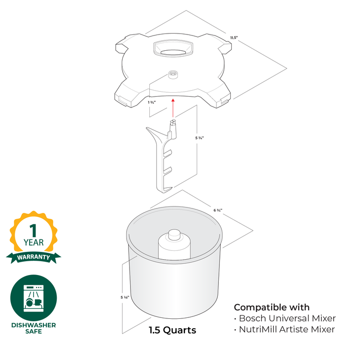 Technical illustration of the NutriMill ice cream maker attachment with warranty and care information