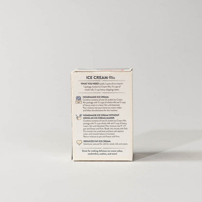 Back view of a single pack of junket very vanilla ice cream mix on a grey background