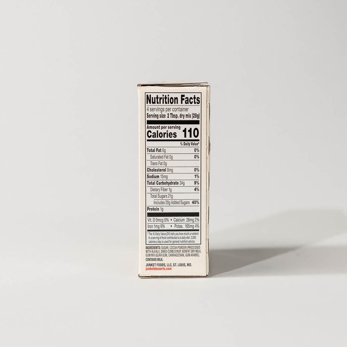 Side view of a single pack of junket dutch chocolate ice cream on a grey background