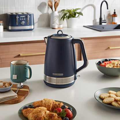 blue kettle on kitchen worktop